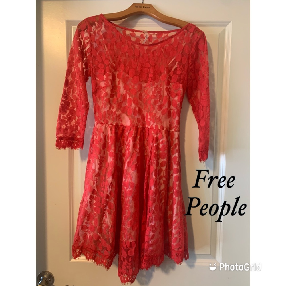 Gorgeous FREE PEOPLE Lipstick Red Victorian Lace Mini Baby Doll Dress sz. 0